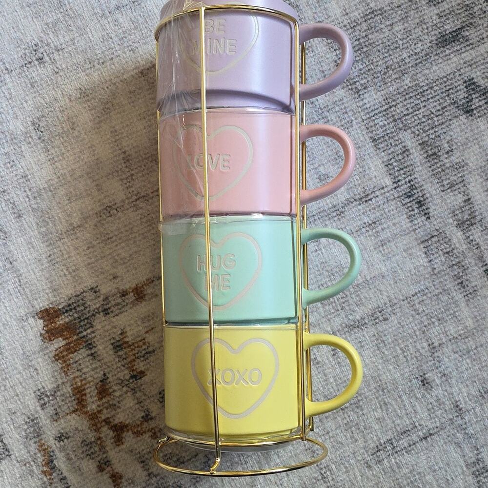 Eccolo Pastel Conversation Valentines Day 4 Stacking Mugs with Gold Frame Holder